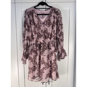 LC Lauren Conrad Pink Floral Chiffon Dress Women Sz L Tiered Ruffle Boho Mini